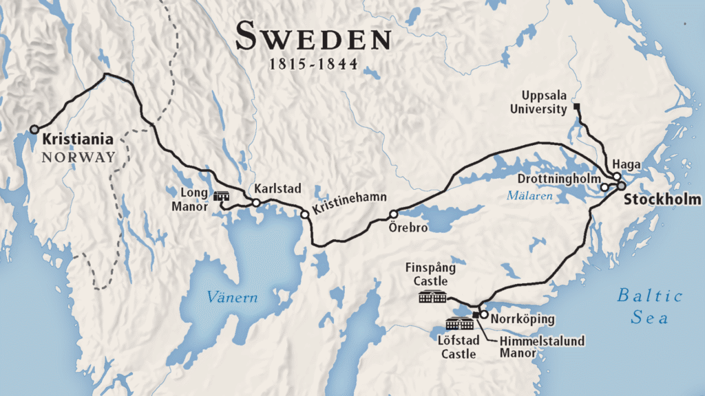 Color Map Sweden 1815-44 showing sites in historical novel Butterfly Games by Kelly Scarborough