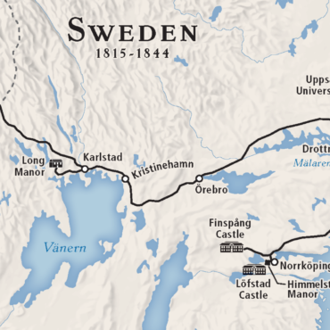Color Map Sweden 1815-44 showing sites in historical novel Butterfly Games by Kelly Scarborough
