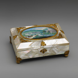 Mother of pearl sewing box with miniature of Austrian scene painted by Balthazar Wingard around 1820-30.