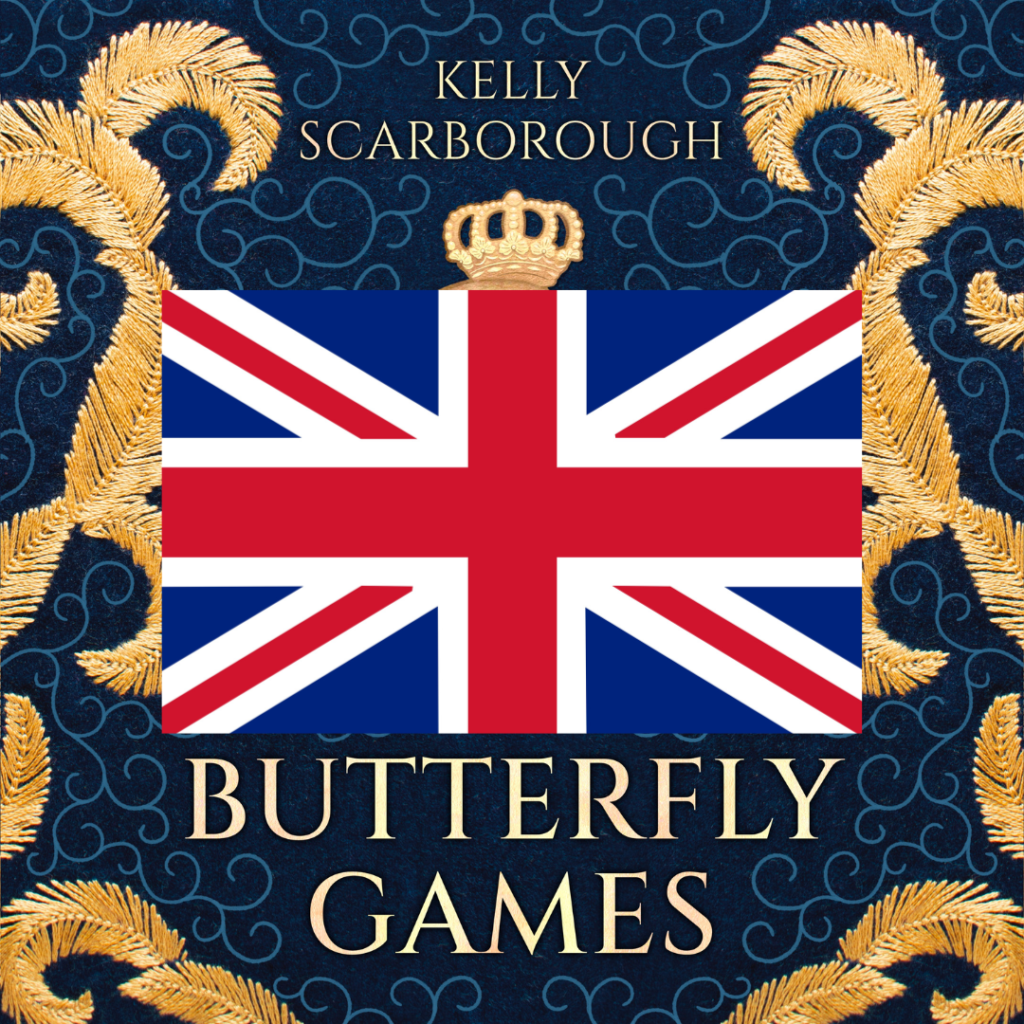 UK Book Cover of Butterfly Games by Kelly Scarborough with UK flag superimposed