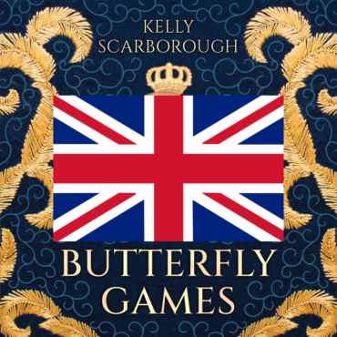 UK Book Cover of Butterfly Games by Kelly Scarborough with UK flag superimposed