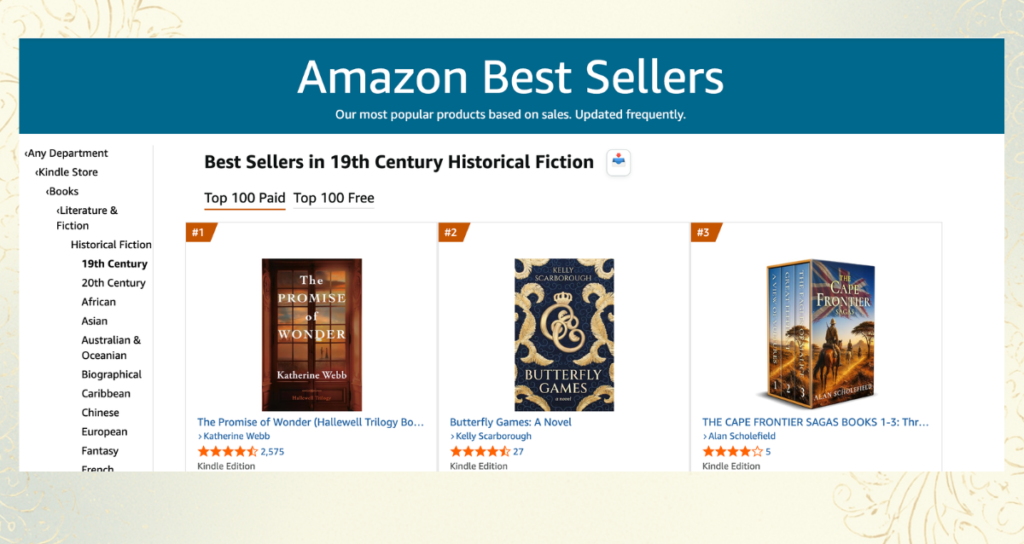 Amazon UK Best Sellers screenshot showing Butterfly Games by Kelly Scarborough on the 19th Century Historical Fiction list