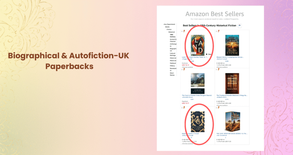 Amazon UK Best Sellers screenshot showing Butterfly Games paperback by Kelly Scarborough near Maggie O'Farrell in 19th century historical fiction books