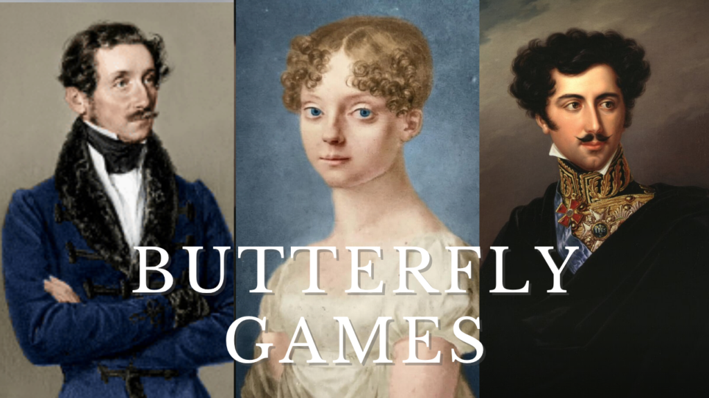 Photo collage featuring Countess Jacquette Gyldenstolpe, heroine of the historical novel Butterfly Games, between Carl L&ouml;wenhielm and Crown Prince Oscar of Sweden