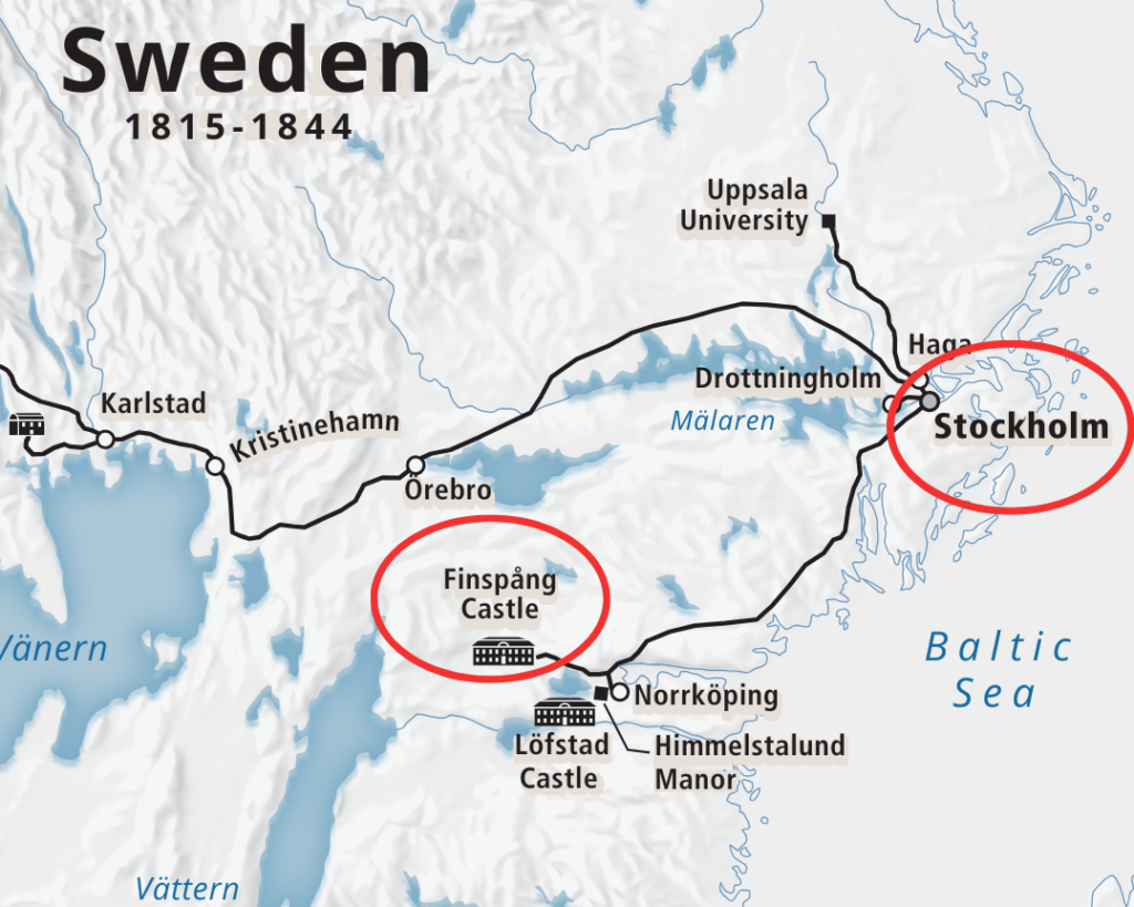 Map of 1815-1844 Sweden showing principal routes between Stockholm, Finspång Castle, Drottningholm, Uppsala, and Karlstad